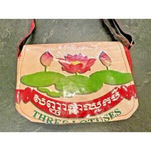 Vegan Angkor Recycled Crossbody Purse Bag 3 Lotuses Loran Rice Upcycled Cambodia